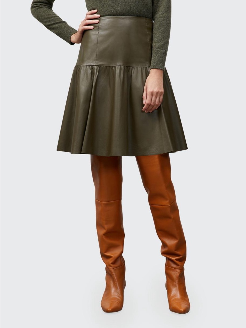 Lafayette 148 New York Olive Green Leather Flared Skirt